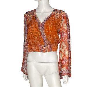 Anthropologie RAGA Metallic Thread Bell Sleeve Crop Blouse Women’s Sz XS